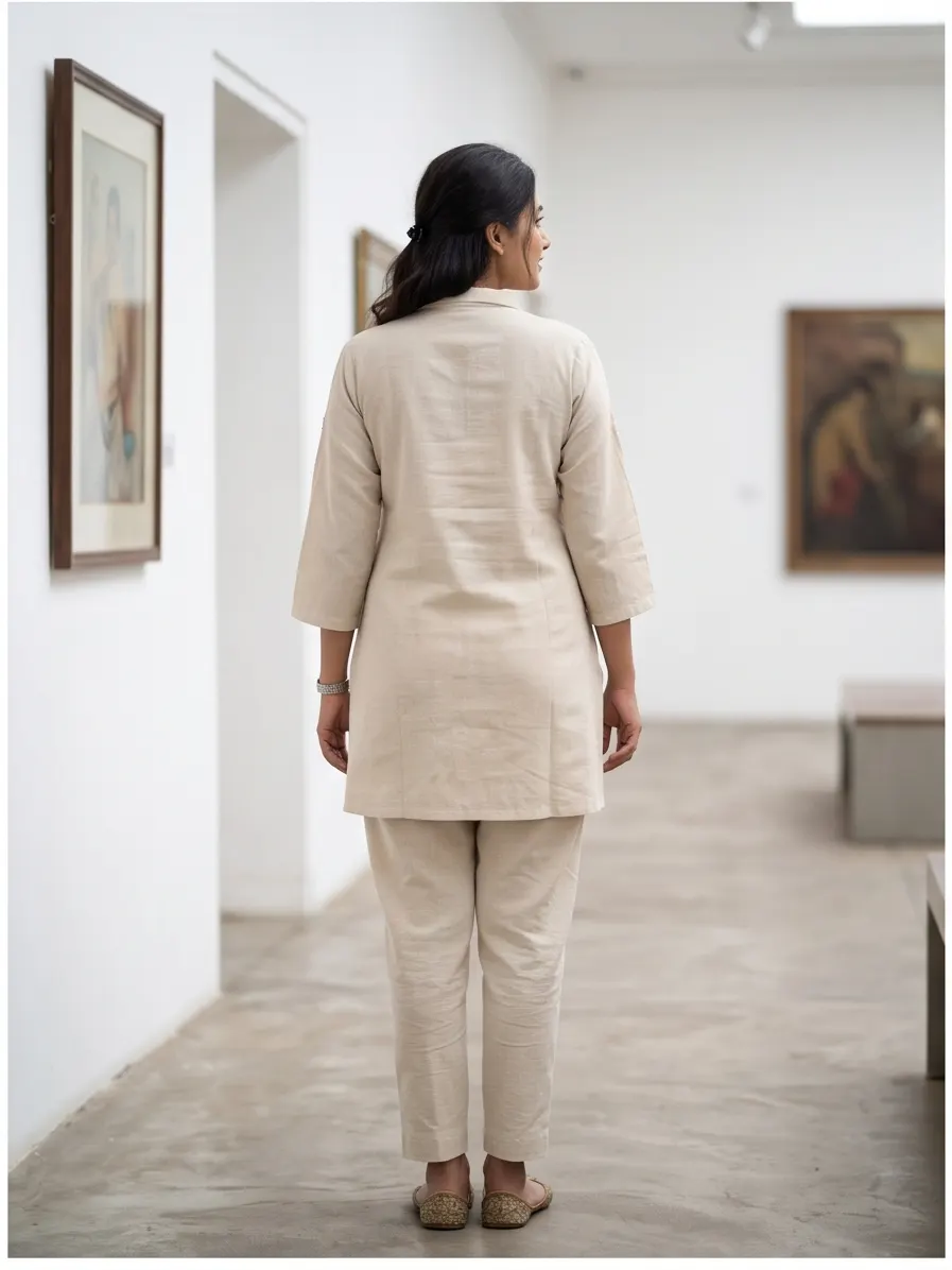 Beige Floral Embroidered Cotton Lapel Collar Straight Tunic and Pant Co-ord Set