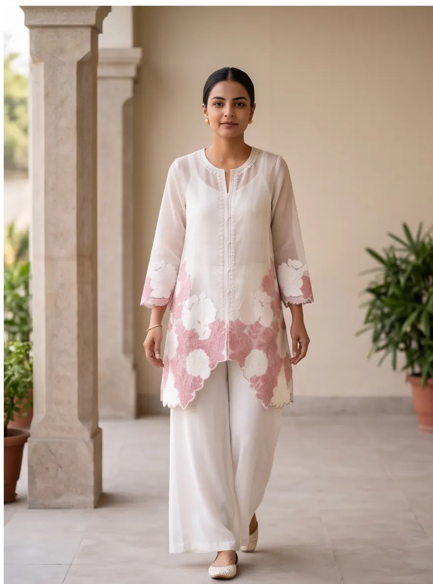 White and Dusty Pink Floral Appliqué Embroidered Sheer Tunic and Palazzo Co-ord Set with Inner Slip