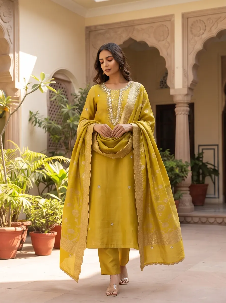 Golden Yellow Zari and Sequin Embroidered Chanderi Silk Straight Kurta Pant Set with Heavy Zari Woven Dupatta