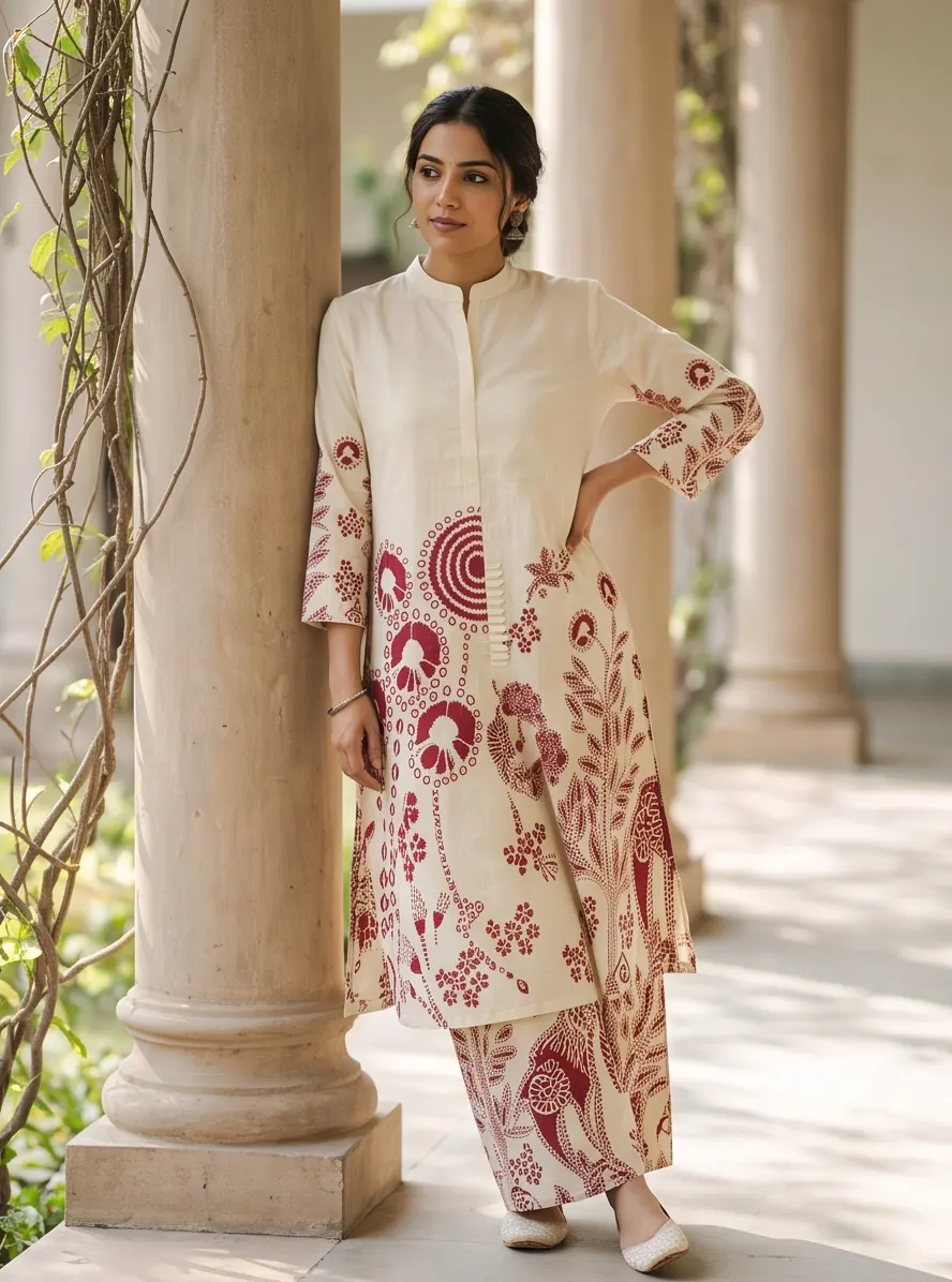 Off-White and Maroon Kalamkari Batik Print Cotton Mandarin Collar Straight Kurta and Palazzo Co-ord Set
