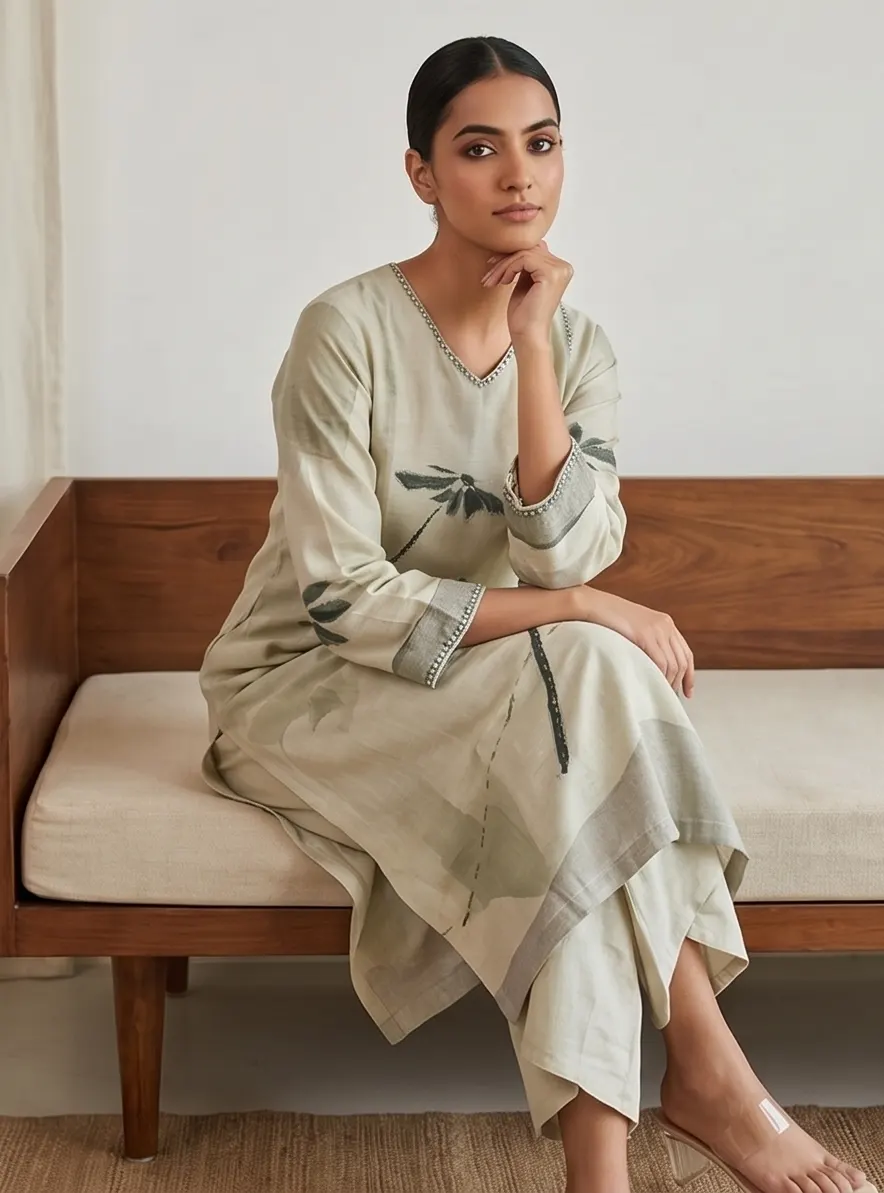 Beige Tropical Palm Tree Print Silk Straight Kurta Pant Set with Dupatta