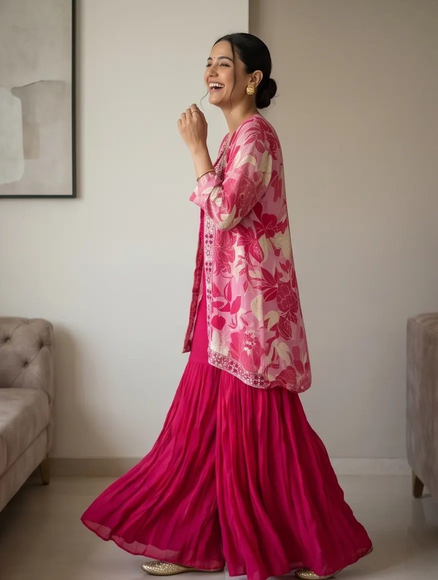 Rani Pink Floral Print Embroidered Georgette Jacket Crop Top and Sharara Set with Dupatta
