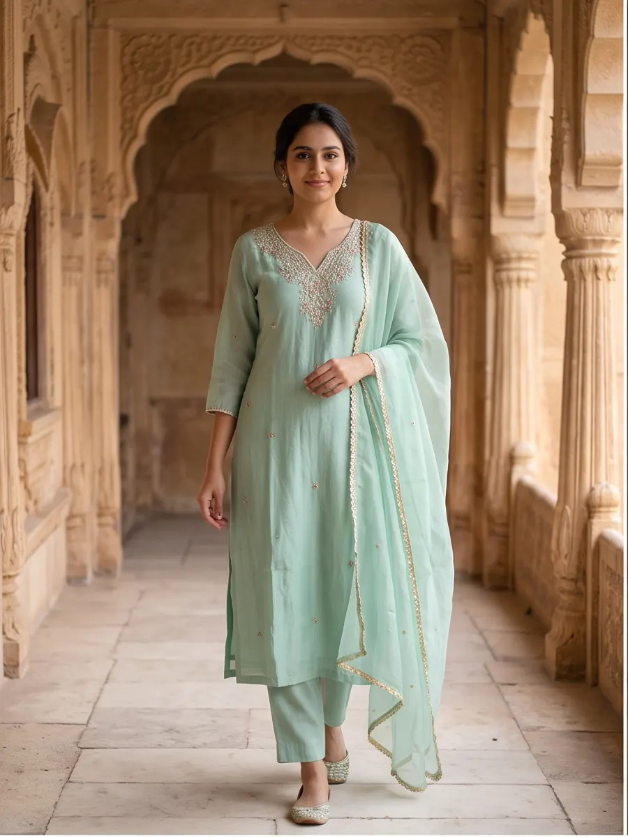 Mint Green Zari Embroidered Chanderi Silk Straight Kurta Pant Set with Scalloped Dupatta