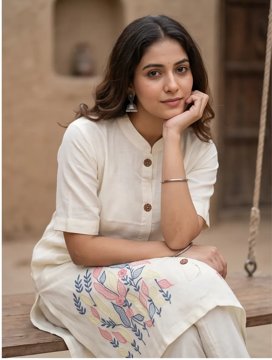 Off-White and Multicolour Floral Embroidered Cotton Mandarin Collar Straight Kurta and Pant Set with Dupatta