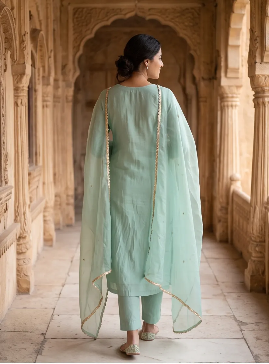 Mint Green Zari Embroidered Chanderi Silk Straight Kurta Pant Set with Scalloped Dupatta