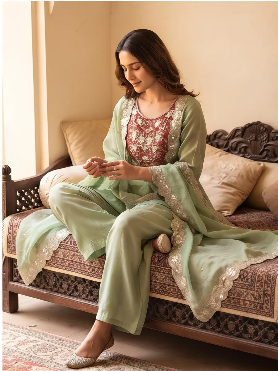 Mint Green Yoke Zari and Sequin Embroidered Chanderi Silk Flared Anarkali Kurta Set with Scalloped Dupatta