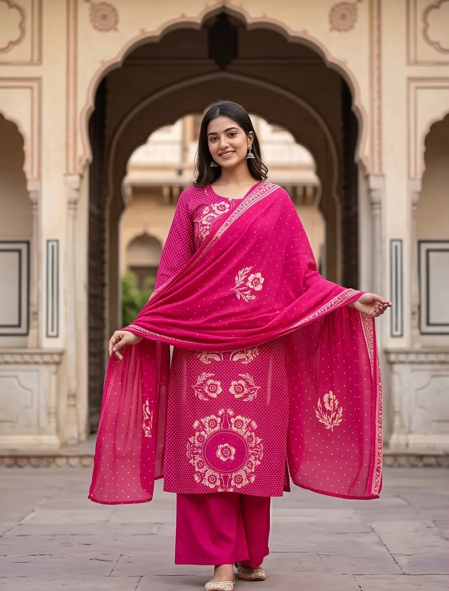 Rani Pink Bandhani Print Straight Kurta Palazzo Set with Dupatta
