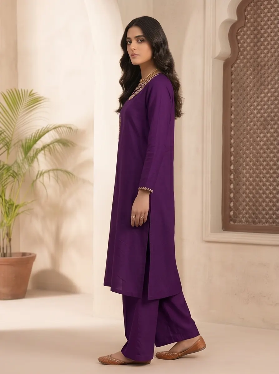 Deep Purple Cut-Out Neck Zari Embroidered Silk Straight Kurta and Palazzo Set