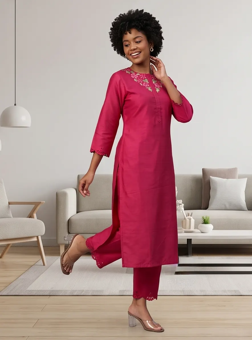 Magenta Pink Floral Neck Embroidered Silk Straight Kurta and Pant Set