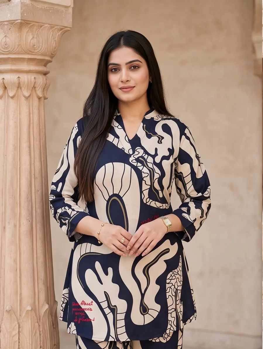 Navy Blue Abstract Printed Silk Blend V-Neck Tunic and Pant Co-ord Set