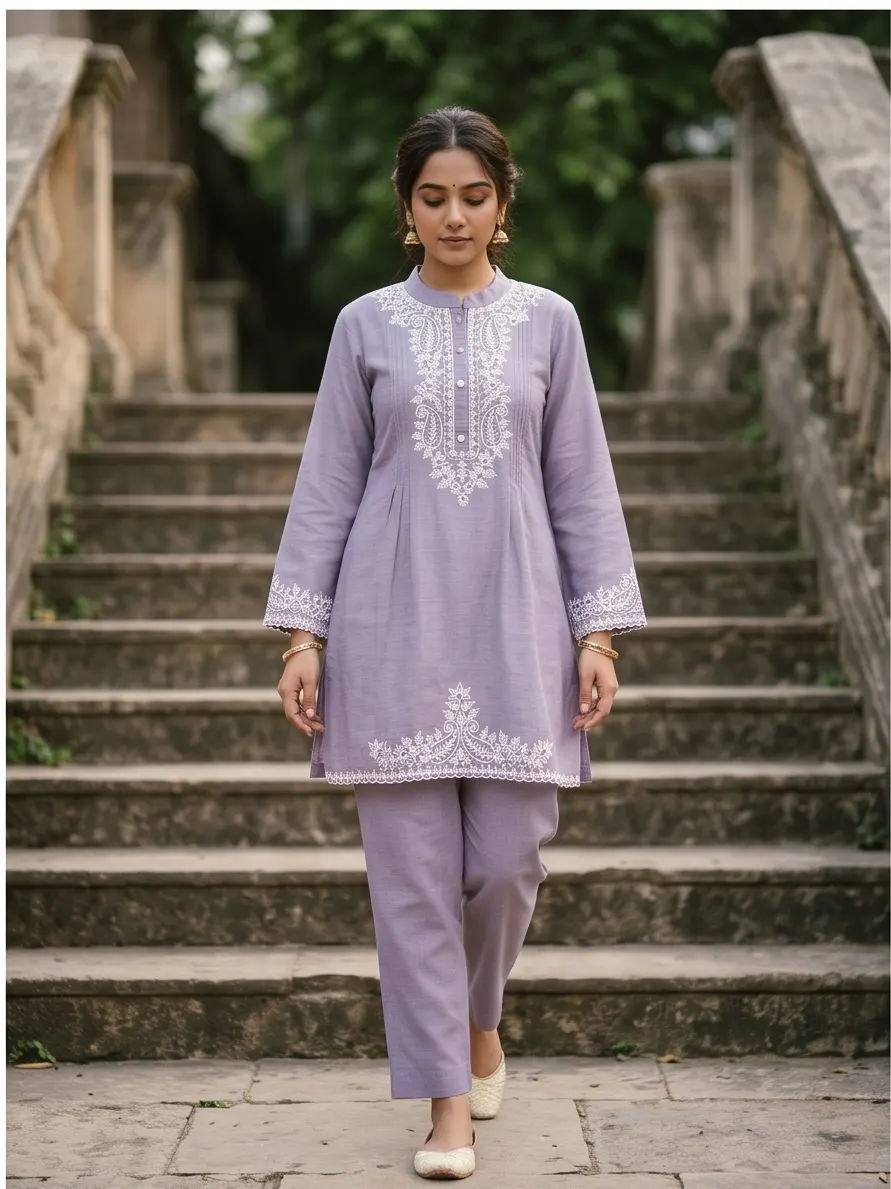 Lavender Paisley Thread Embroidered Cotton Short Kurta and Pant Co-ord Set