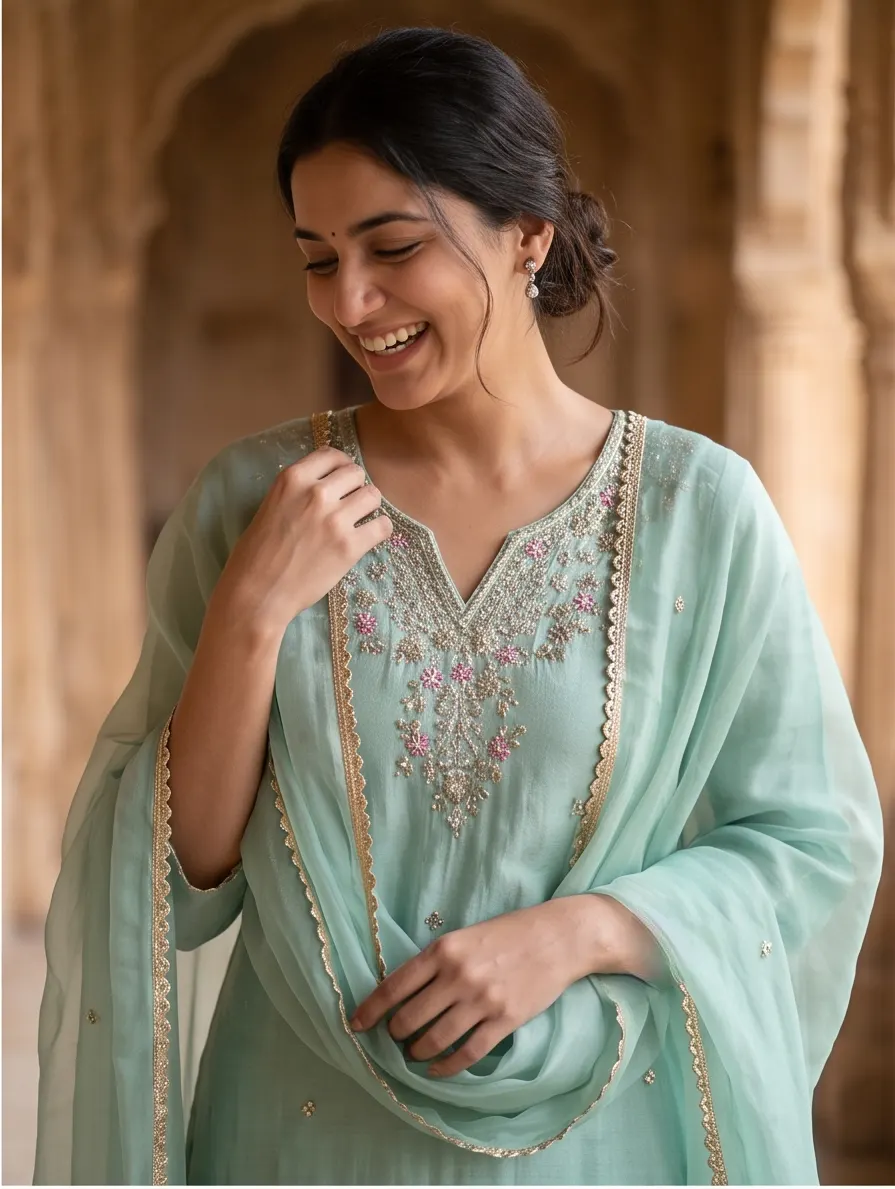 Mint Green Zari Embroidered Chanderi Silk Straight Kurta Pant Set with Scalloped Dupatta