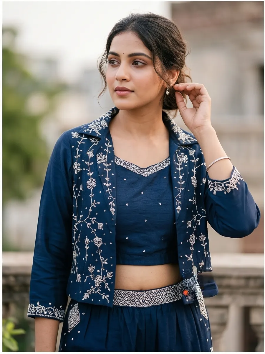 Navy Blue Zari Embroidered Silk Crop Top, Jacket, and Pant 3-Piece Co-ord Set