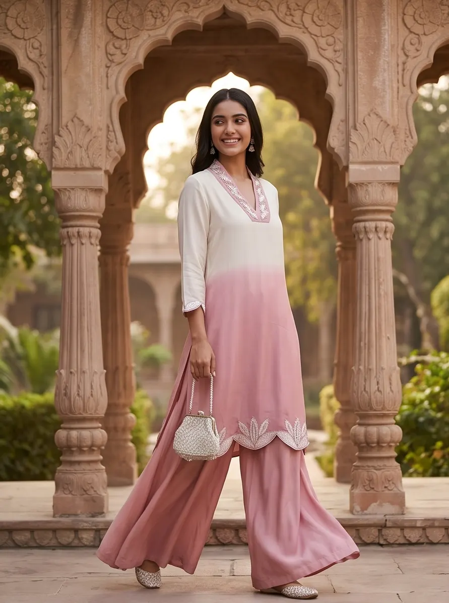 Dusty Pink and White Ombre Embroidered Silk Straight Kurta Palazzo Set