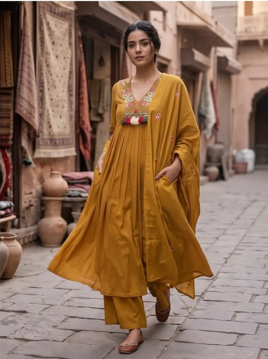 Mustard Yellow Gathered Anarkali Kurta and Palazzo Set with Embroidered Dupatta