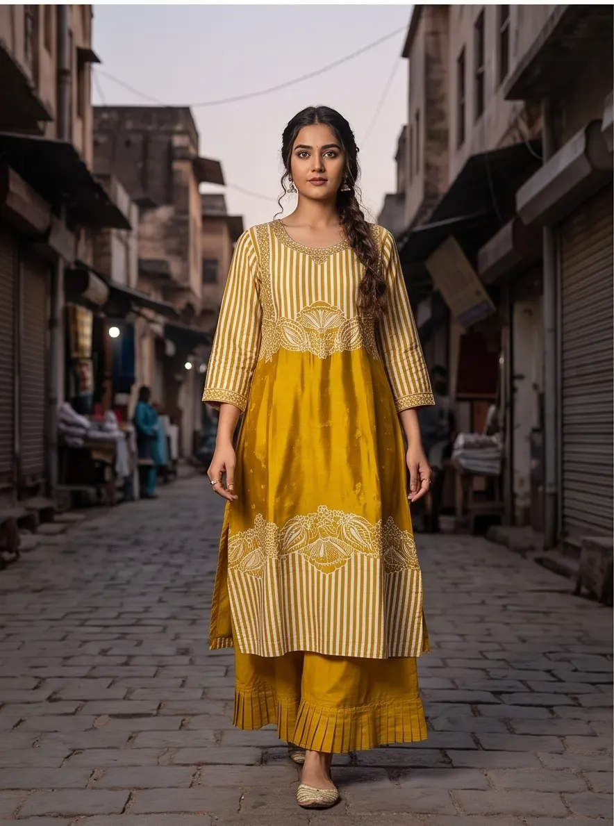 Mustard Yellow Striped Paisley Embroidered Chanderi Kurta and Pleated Palazzo Set