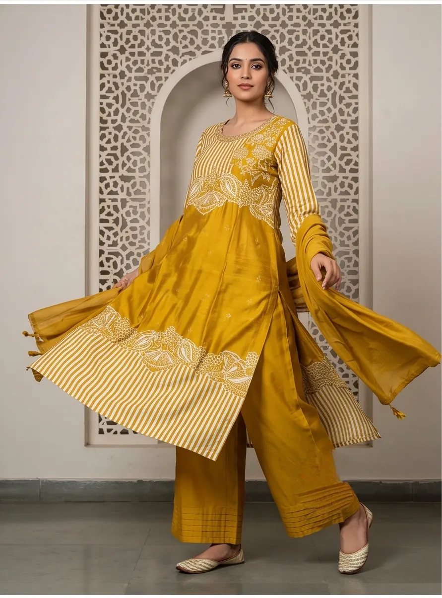 Mustard Yellow Striped Paisley Embroidered Chanderi Kurta and Pleated Palazzo Set
