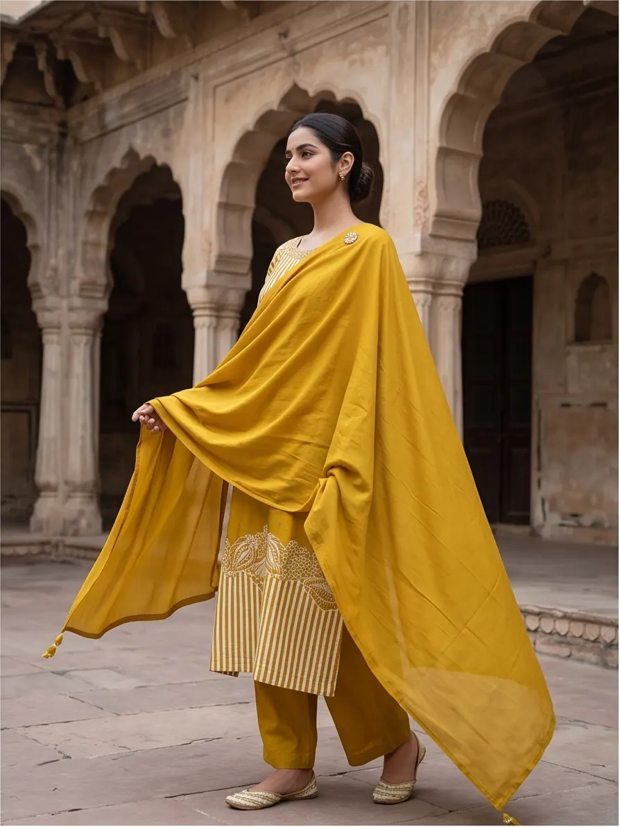 Mustard Yellow Striped Paisley Embroidered Chanderi Kurta and Pleated Palazzo Set