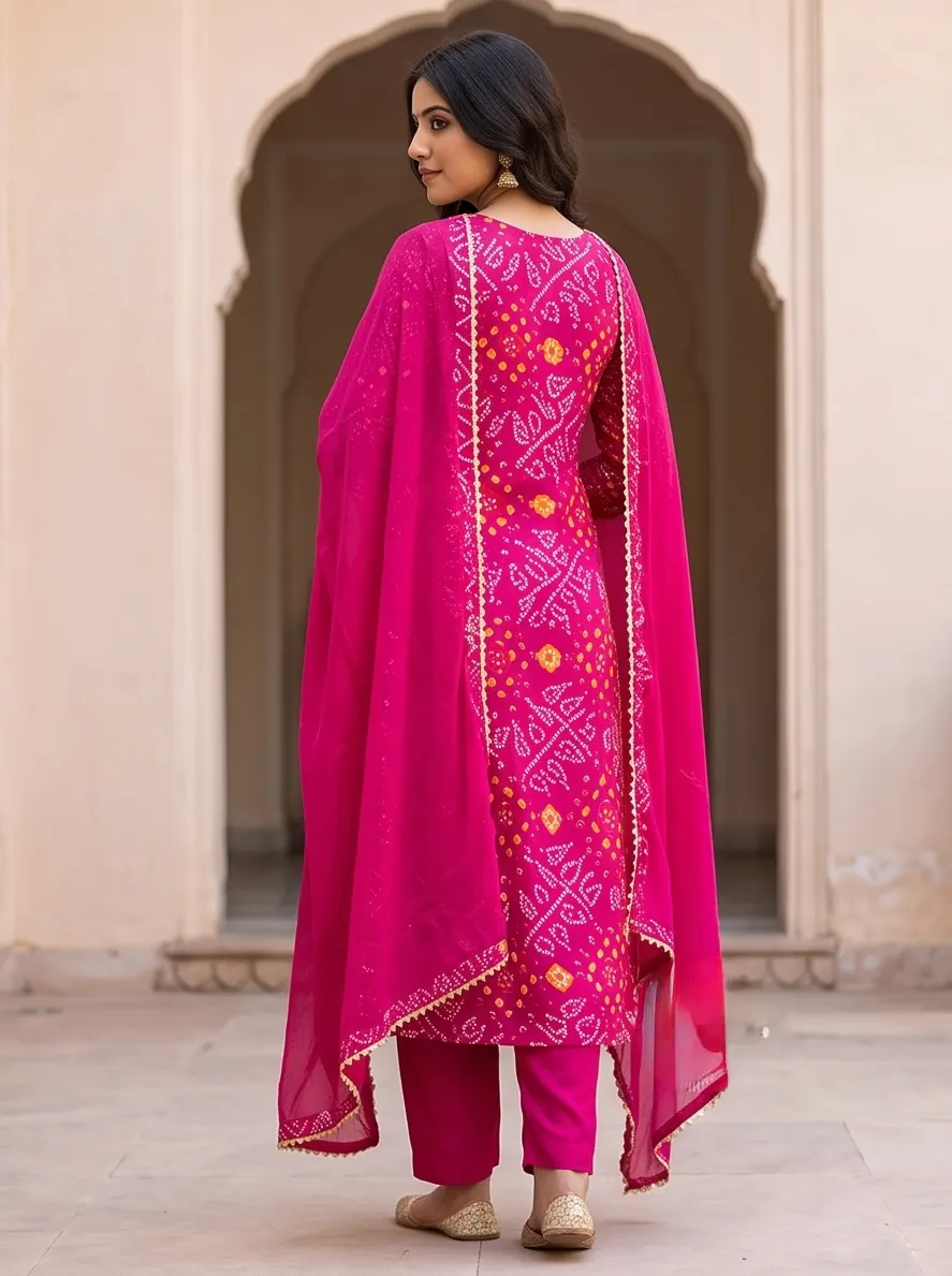 Rani Pink Bandhani Print Zari Embroidered Anarkali Kurta Pant Set with Dupatta