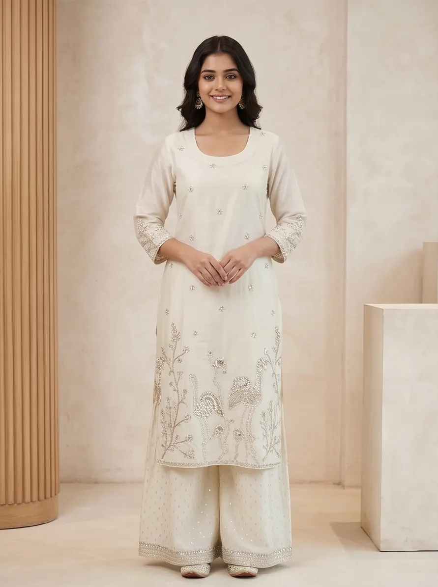 Off-White Bird and Floral Embroidered Silk Straight Kurta and Flared Sharara Set