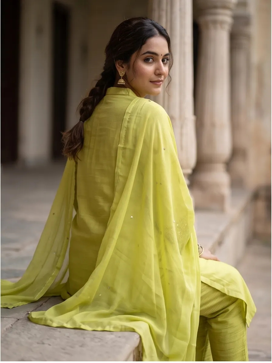 Lime Green Sequin Embroidered Silk Straight Kurta Set with Dupatta