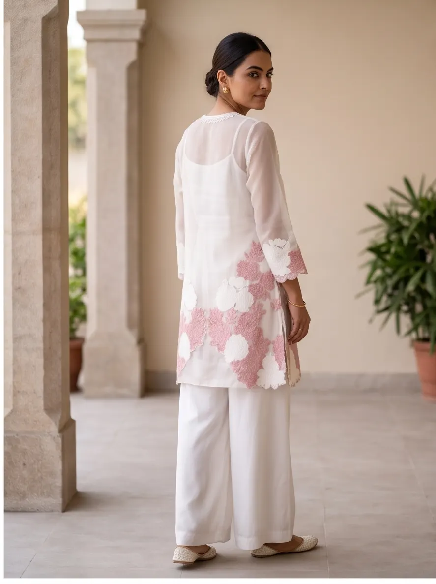 White and Dusty Pink Floral Appliqué Embroidered Sheer Tunic and Palazzo Co-ord Set with Inner Slip