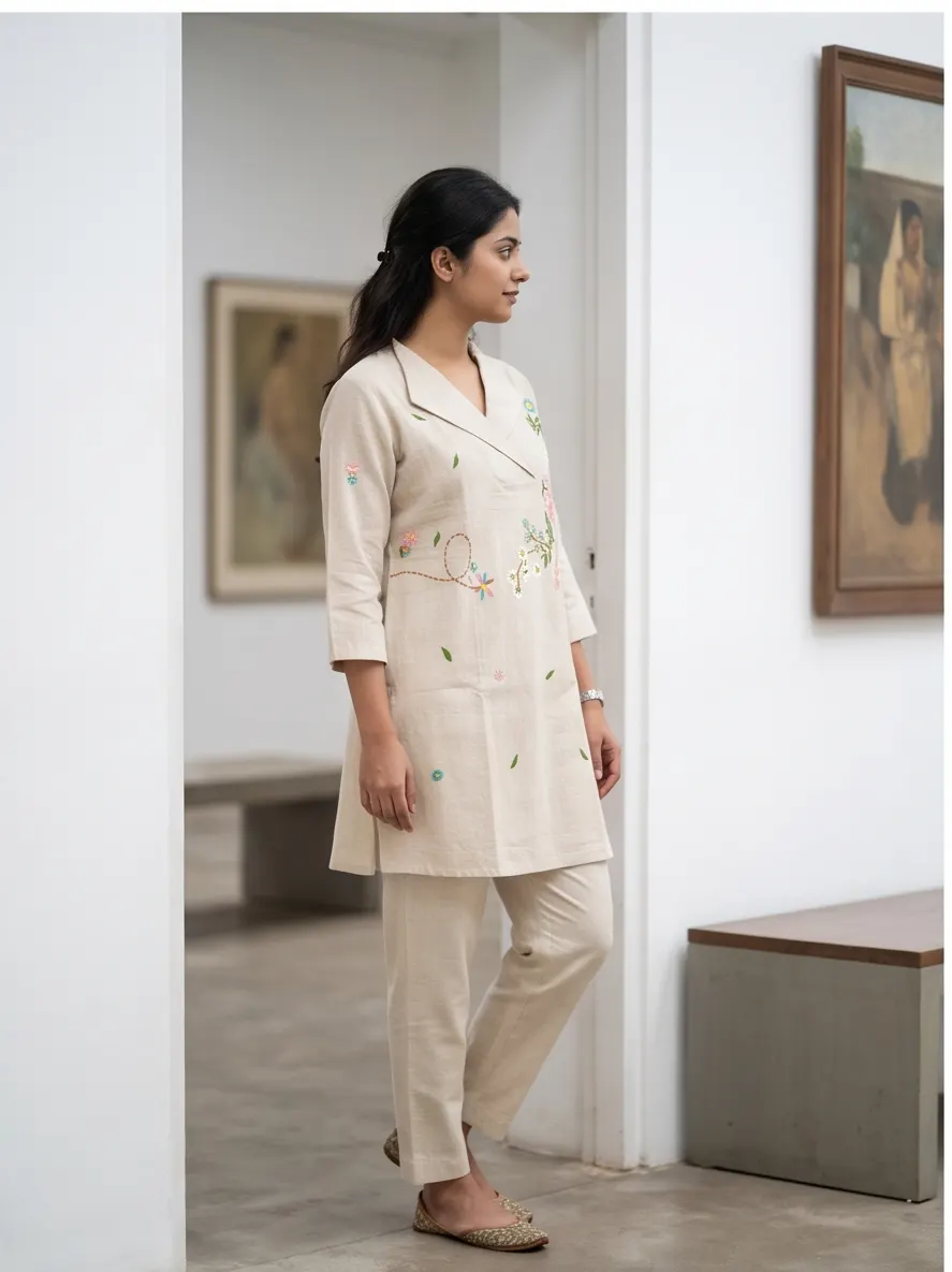 Beige Floral Embroidered Cotton Lapel Collar Straight Tunic and Pant Co-ord Set