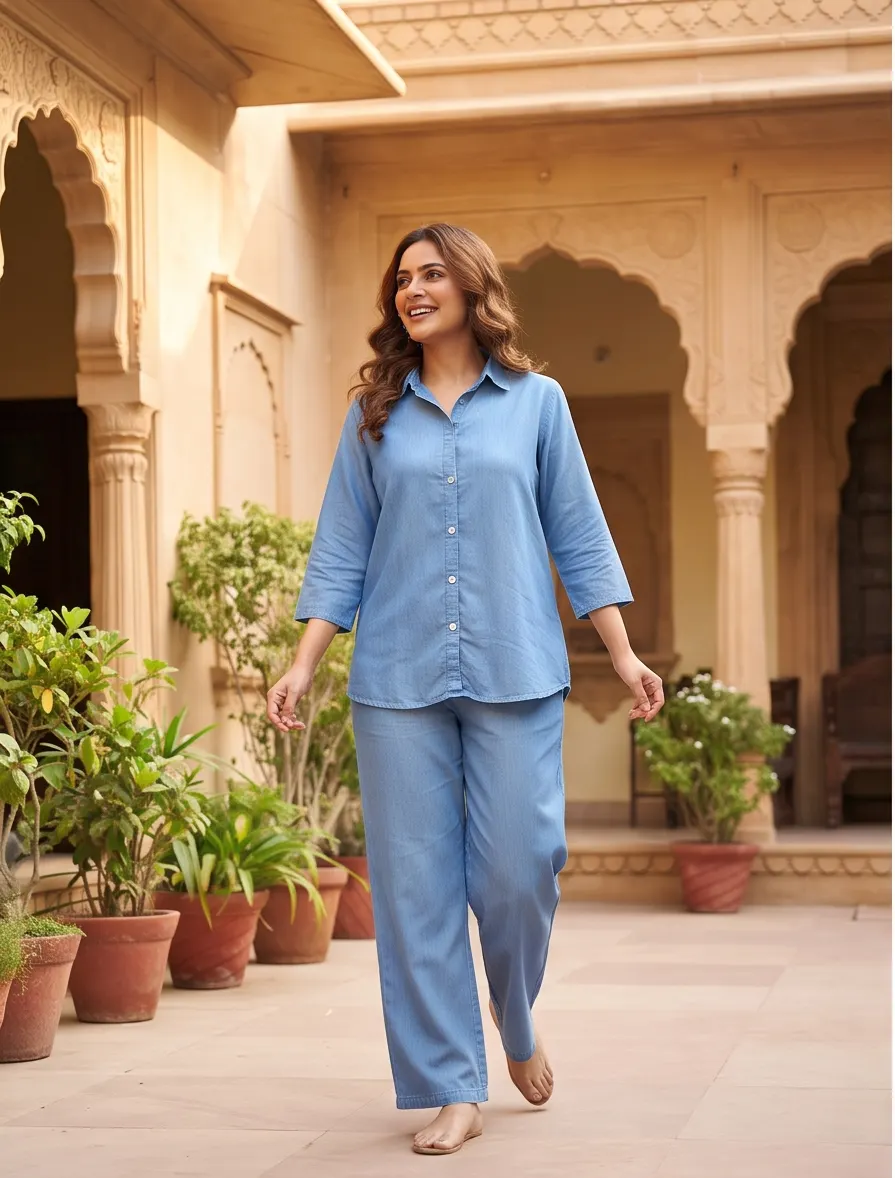 Light Blue Cotton Shirt Collar Tunic and Pant Co-ord Set