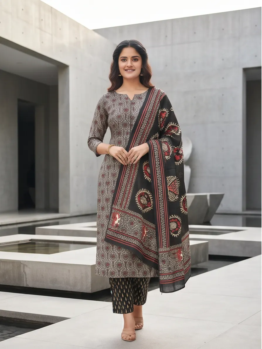 Grey and Black Block Print Cotton Straight Kurta Pant Set with Printed Dupatta