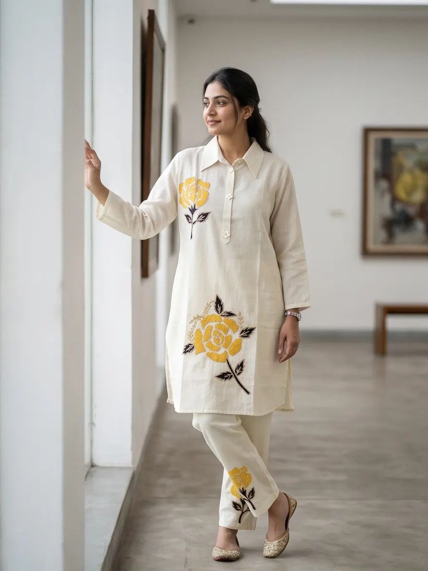 Off-White Yellow Rose Embroidered Cotton Shirt Collar Tunic and Pant Co-ord Set