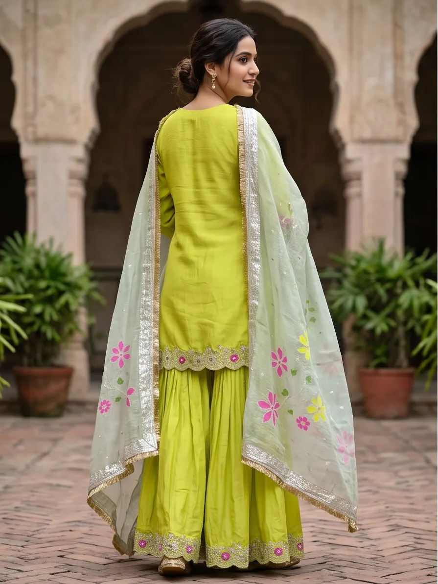 Lime Green Zari Embroidered Silk Short Kurta and Flared Sharara Set with Organza Dupatta