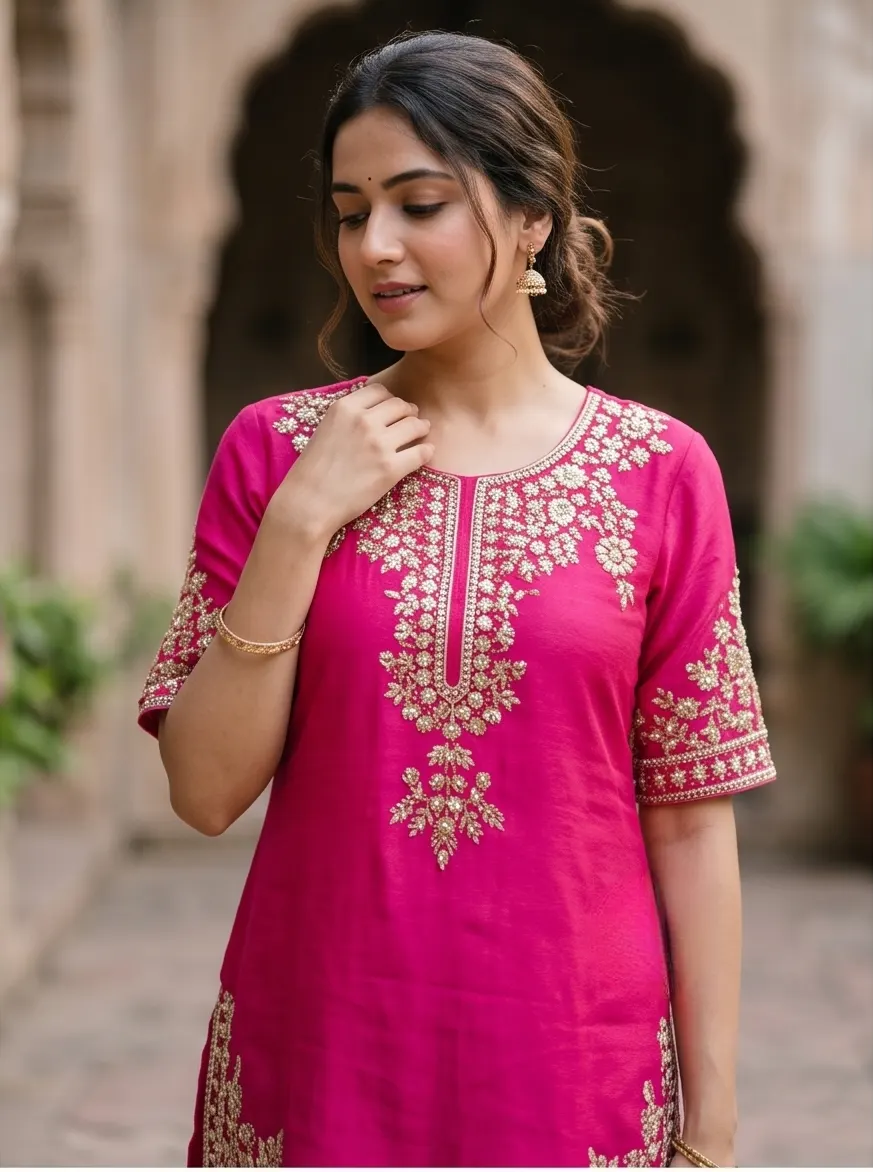 Rani Pink Zari Embroidered Silk Short Kurta and Flared Sharara Set with Dupatta