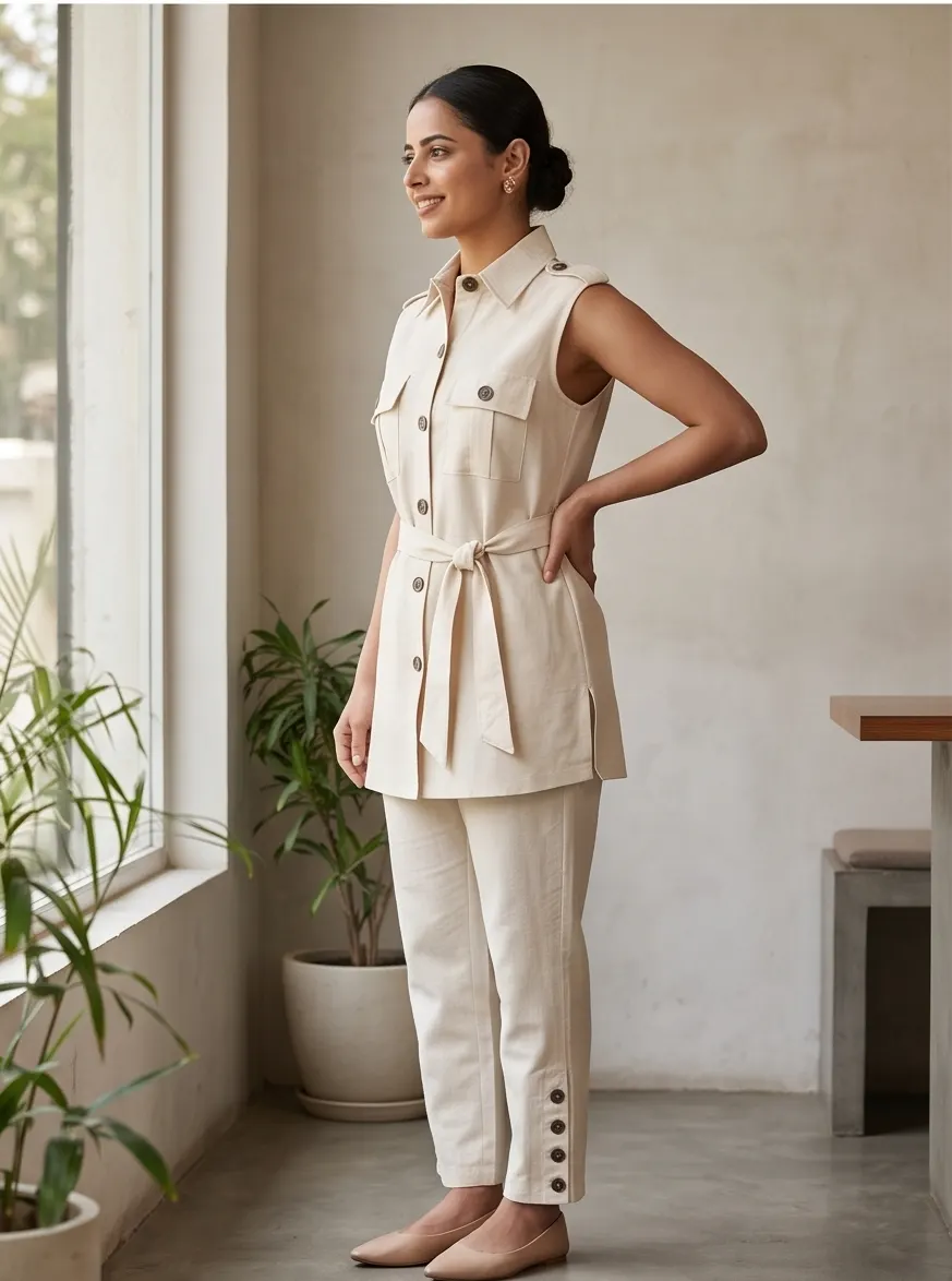 Off-White Sleeveless Belted Safari Shirt and Button-Cuff Pant Co-ord Set