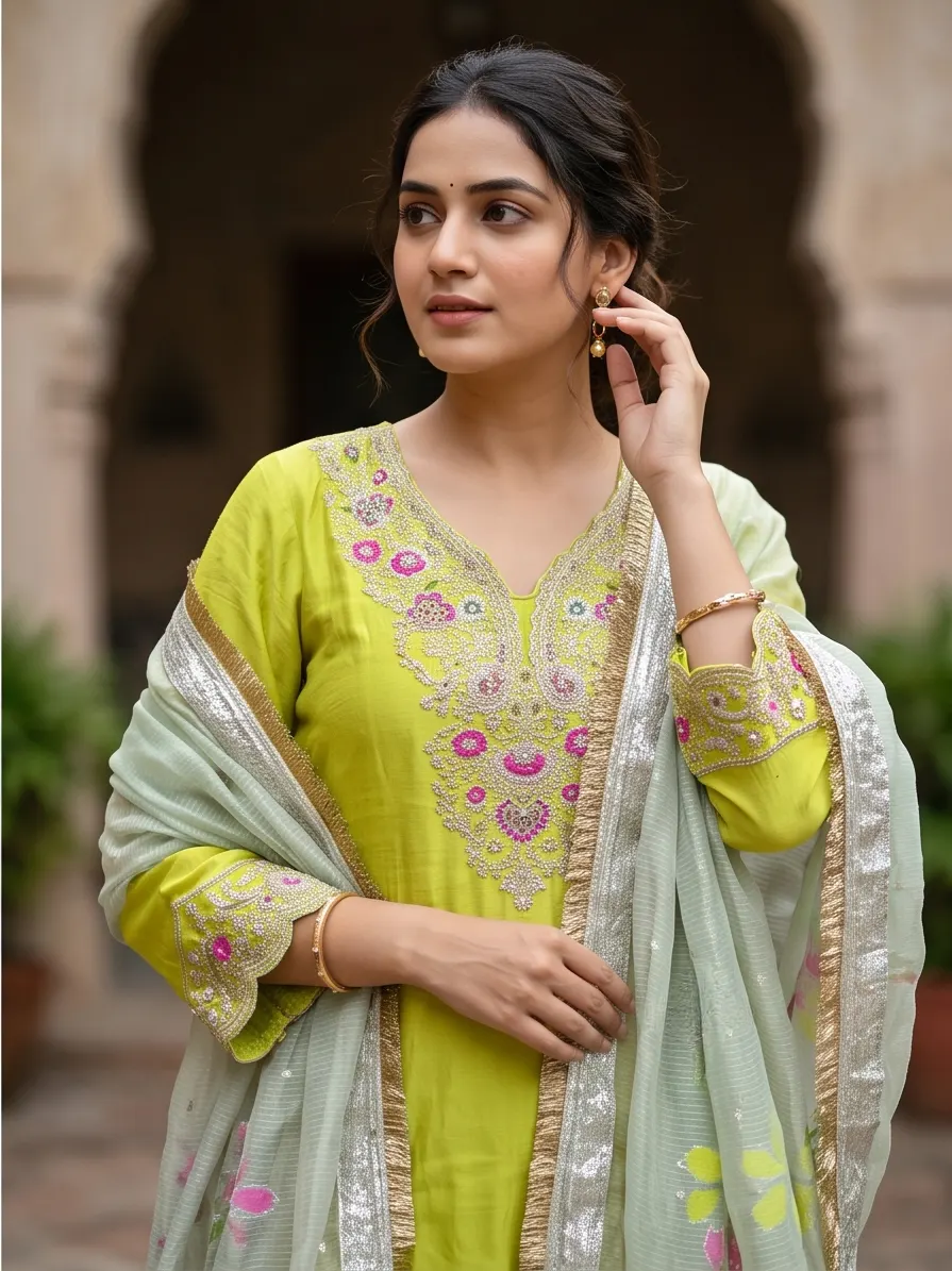 Lime Green Zari Embroidered Silk Short Kurta and Flared Sharara Set with Organza Dupatta