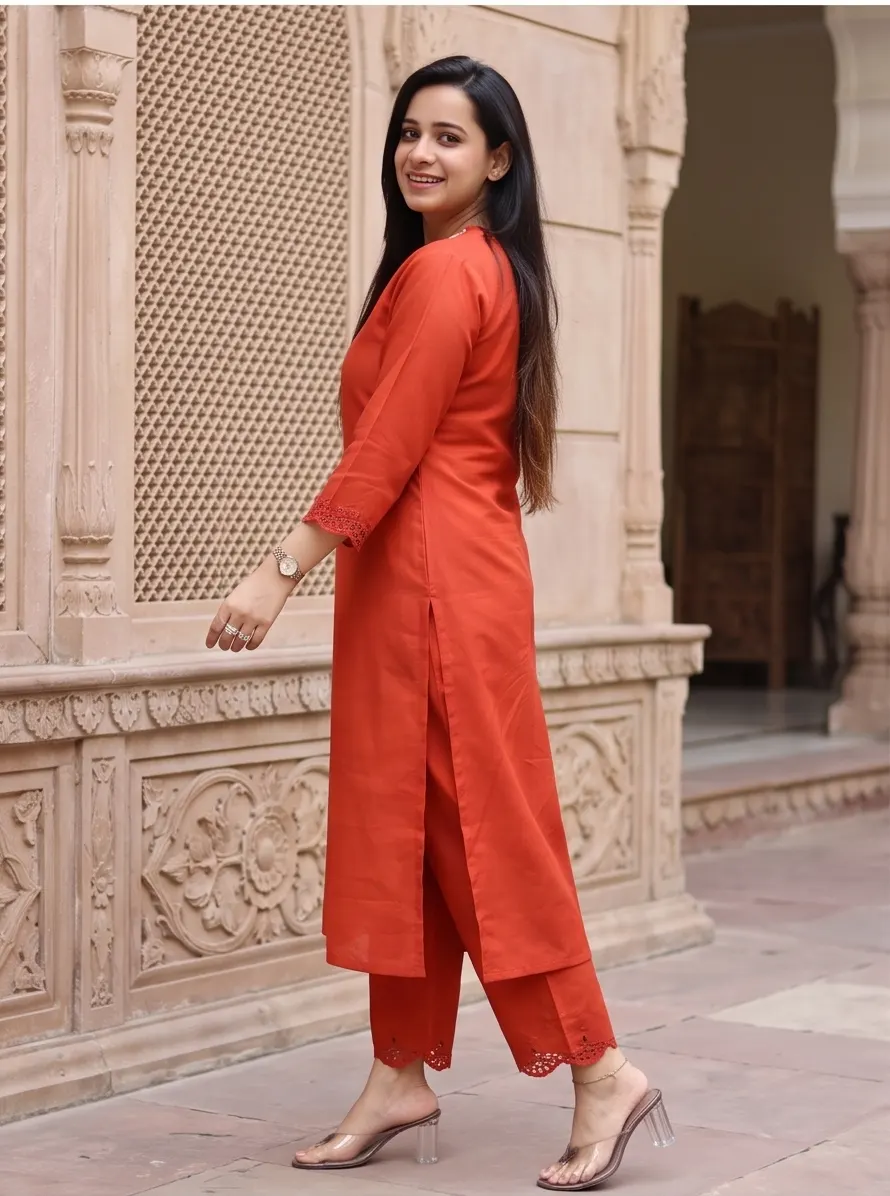 Rust Orange Floral Embroidered Straight Kurta and Pant Set with Cutwork Hem