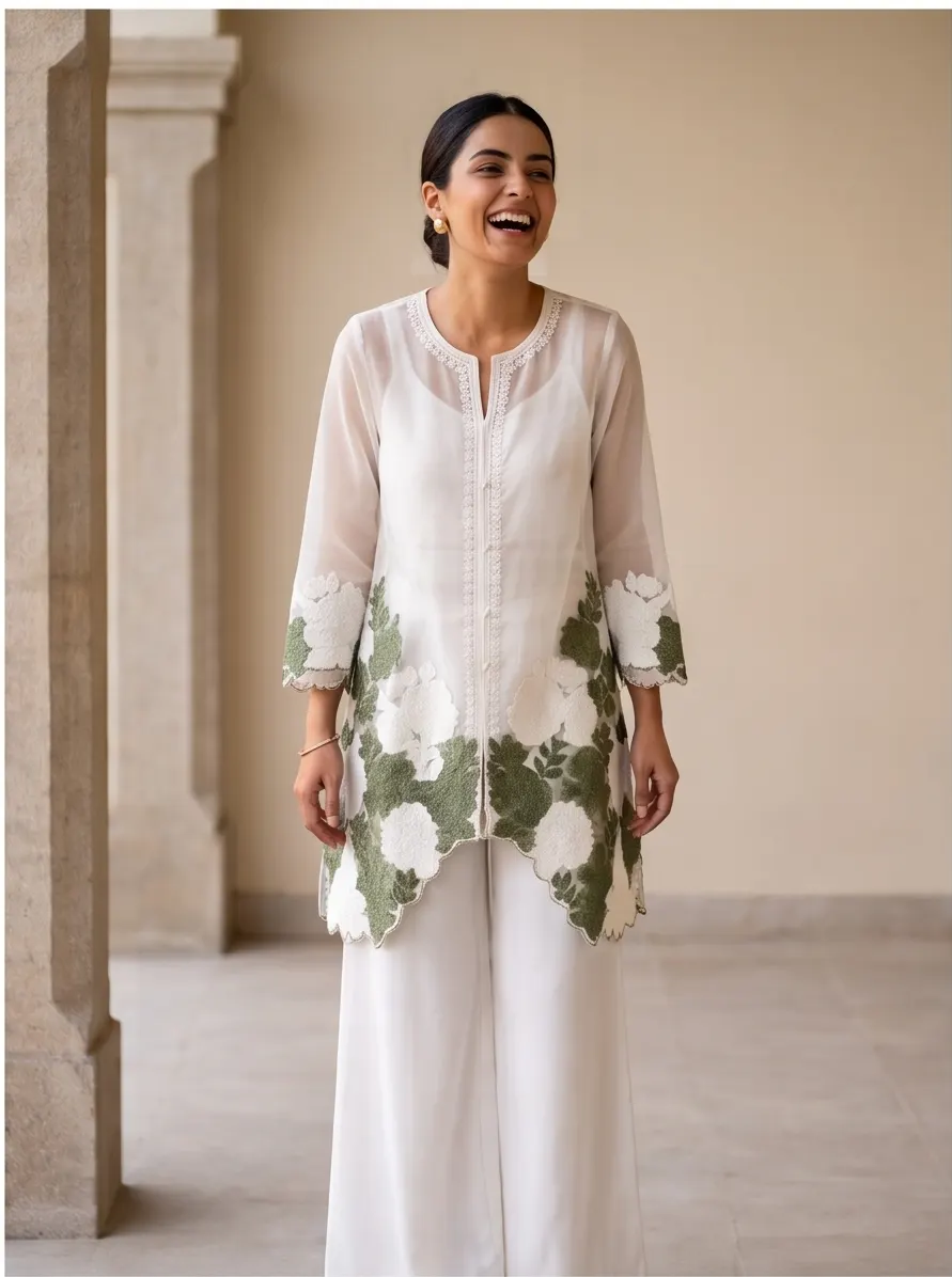 White Floral Appliqué Embroidered Sheer Tunic and Palazzo Co-ord Set with Inner Slip