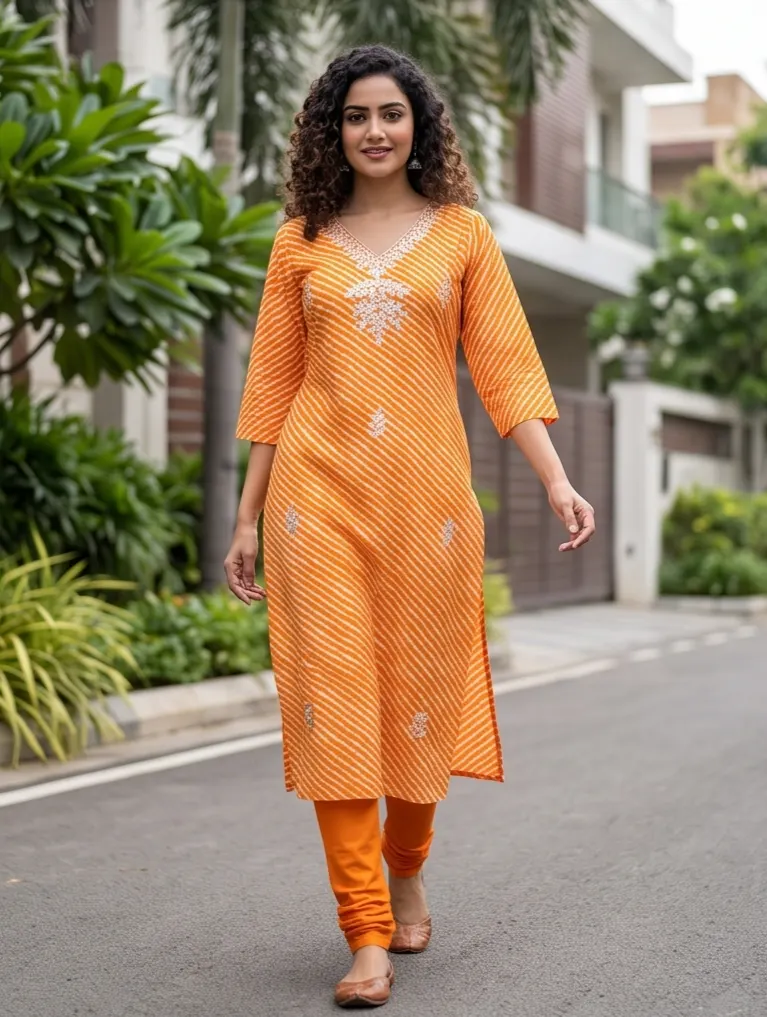 Orange Leheriya Print Embroidered V-Neck Straight Kurta and Churidar Set