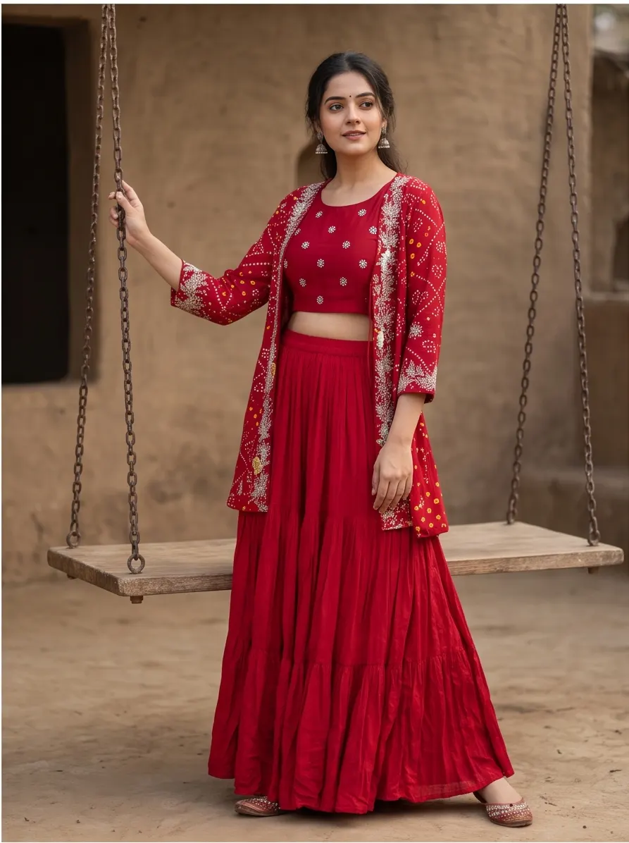 Red Bandhani Print Zari Embroidered Tie-Up Jacket Crop Top and Flared Sharara 3-Piece Set