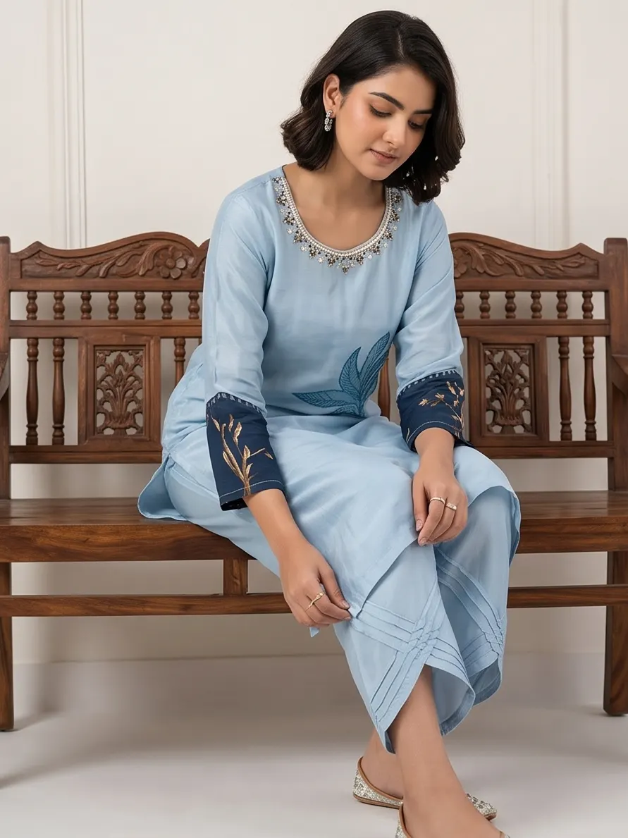 Powder Blue Botanical Print Hand Embroidered Silk Kurta Pant Set with Dupatta