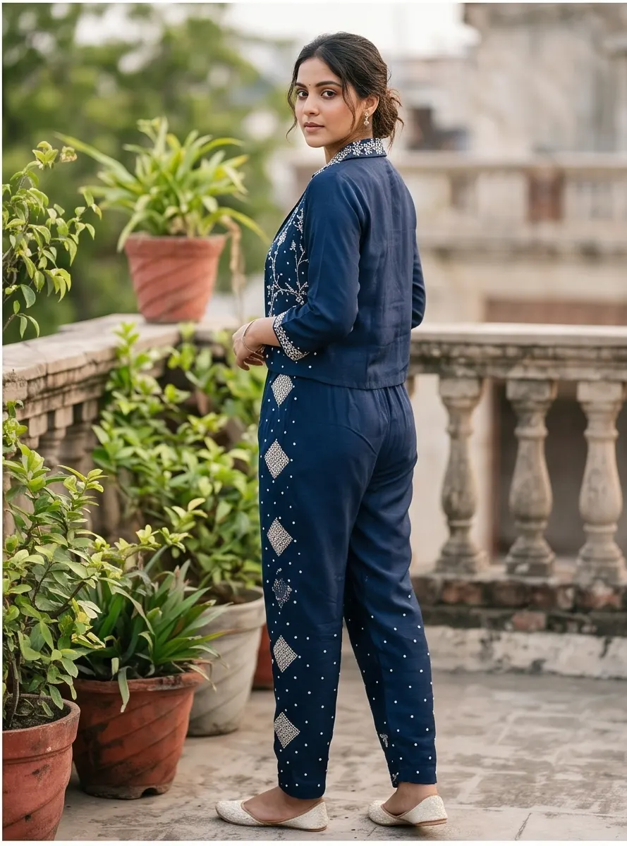 Navy Blue Zari Embroidered Silk Crop Top, Jacket, and Pant 3-Piece Co-ord Set
