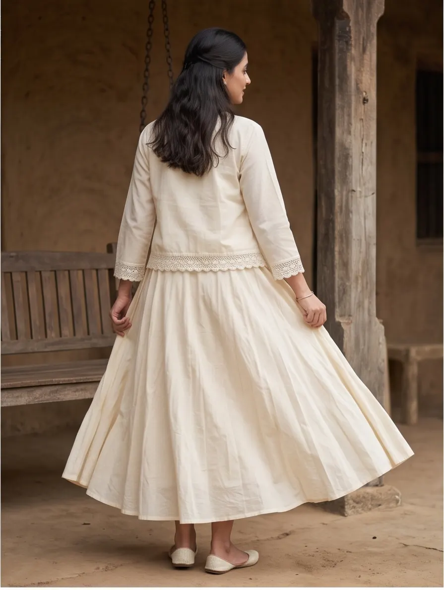 Off-White Floral Embroidered Cotton Flared Anarkali Kurta Dress and Crochet Trim Short Jacket Set