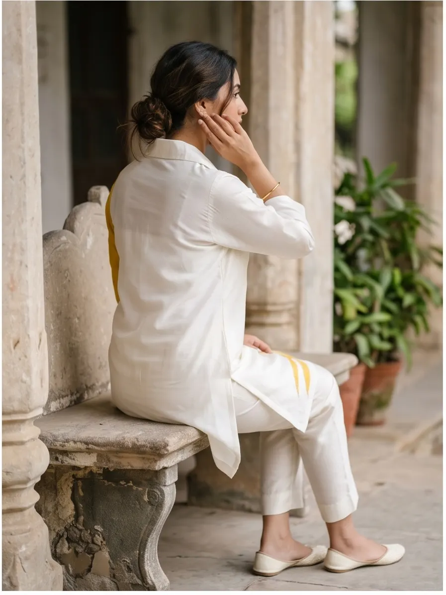 Off-White and Mustard Yellow Floral Embroidered Colorblock Cotton Tunic and Pant Co-ord Set