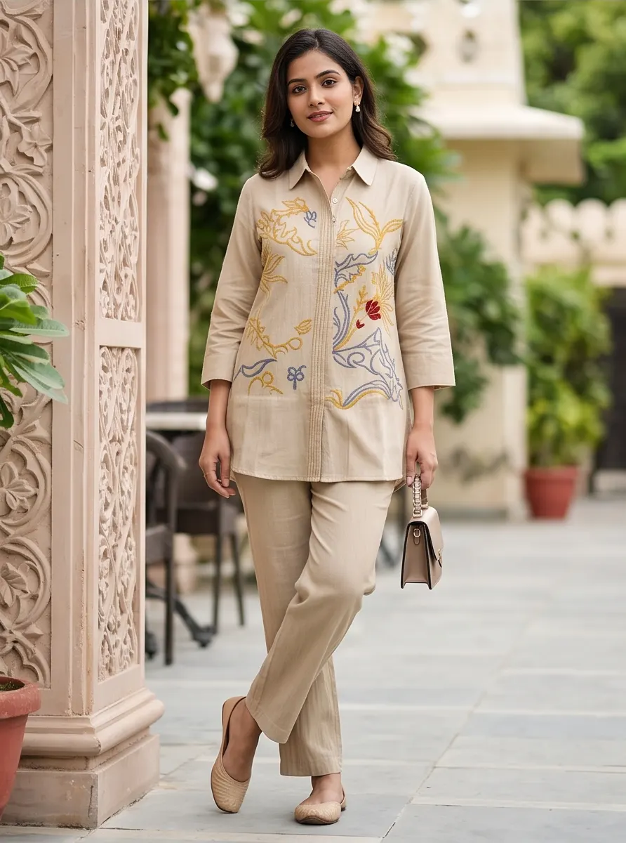 Beige Abstract Floral Embroidered Cotton Shirt Collar Tunic and Pant Co-ord Set