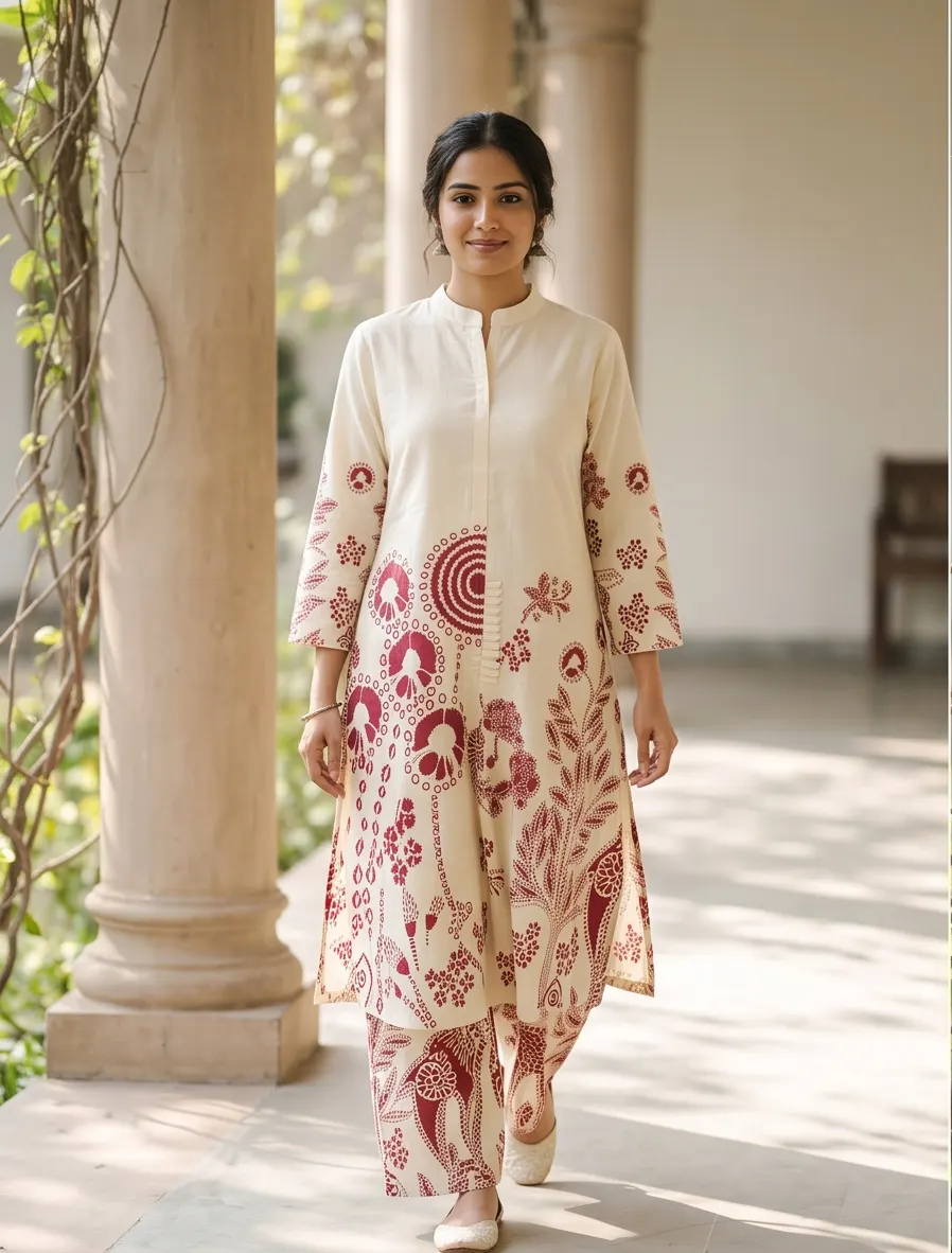 Off-White and Maroon Kalamkari Batik Print Cotton Mandarin Collar Straight Kurta and Palazzo Co-ord Set