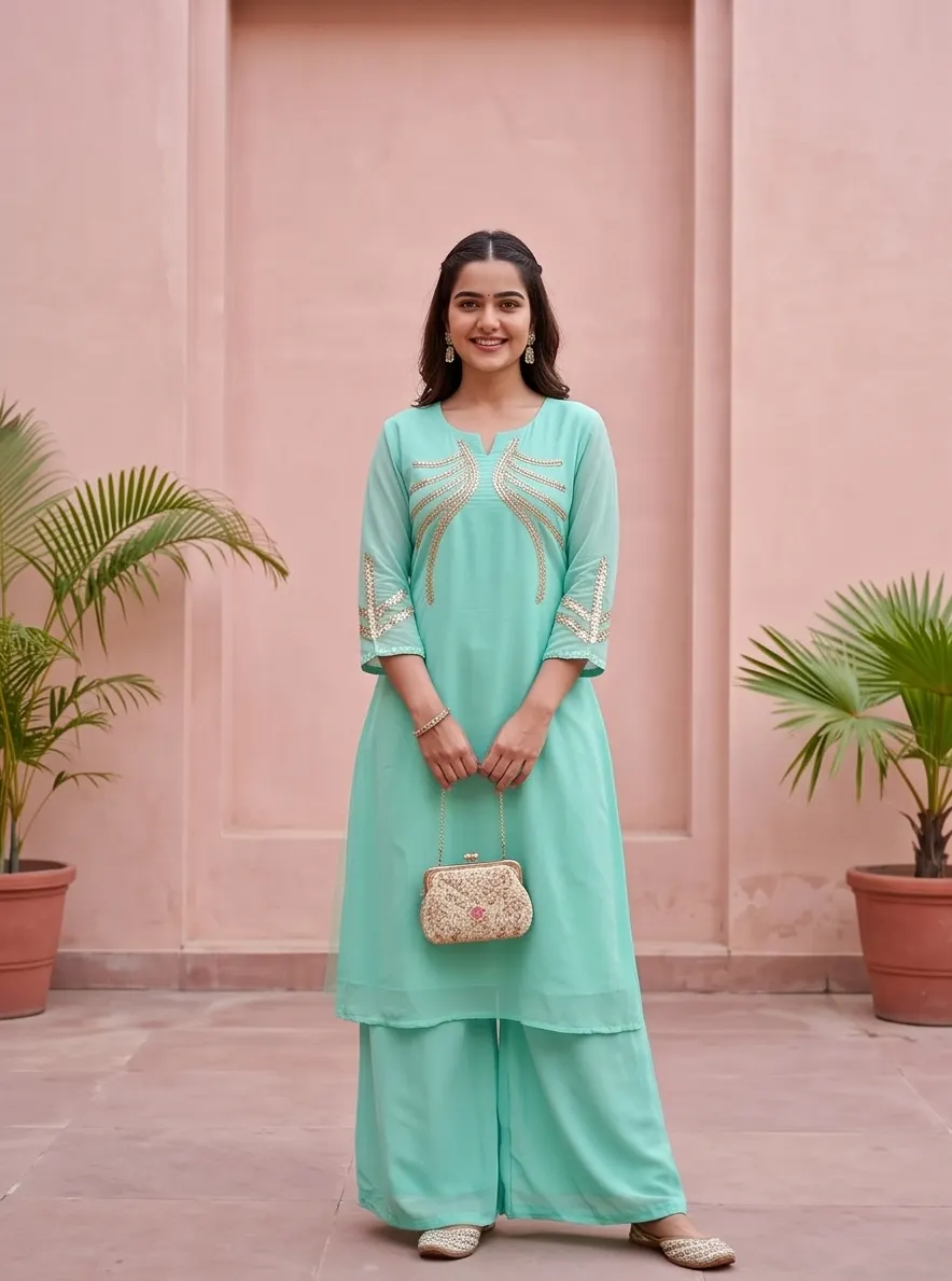 Sea Green Gota Patti Embroidered Straight Kurta and Flared Palazzo Set