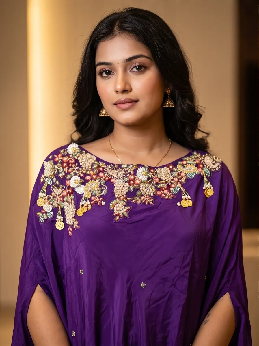 Purple Hand Embroidered Silk Kaftan Tunic and Palazzo Co-ord Set