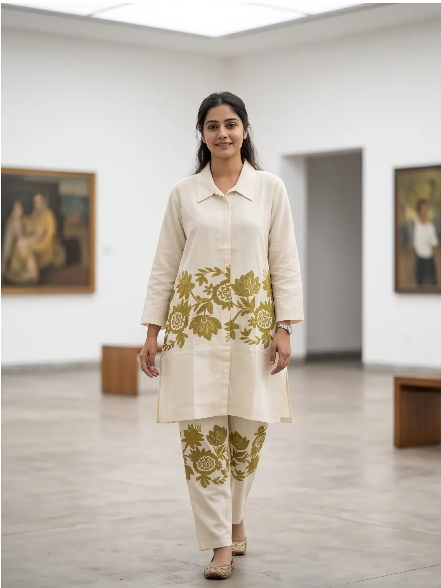 Off-White Olive Green Floral Embroidered Cotton Shirt Collar Straight Tunic and Pant Co-ord Set