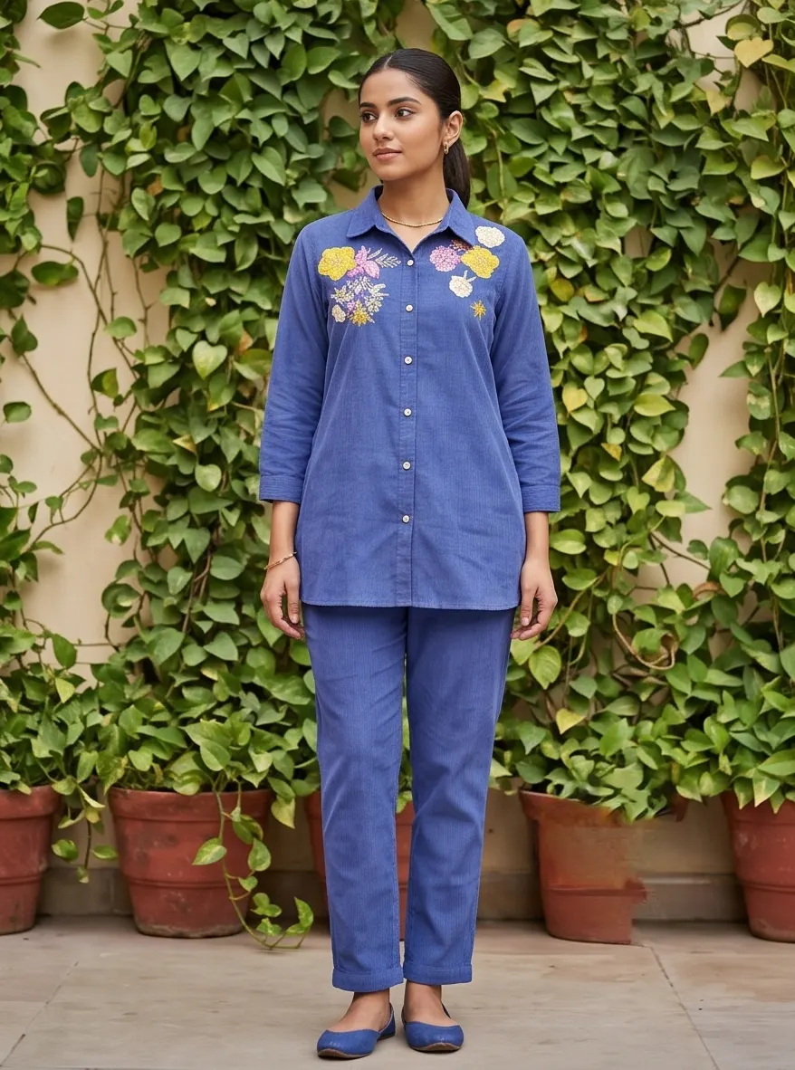 Royal Blue Floral Embroidered Cotton Shirt Collar Tunic and Pant Co-ord Set