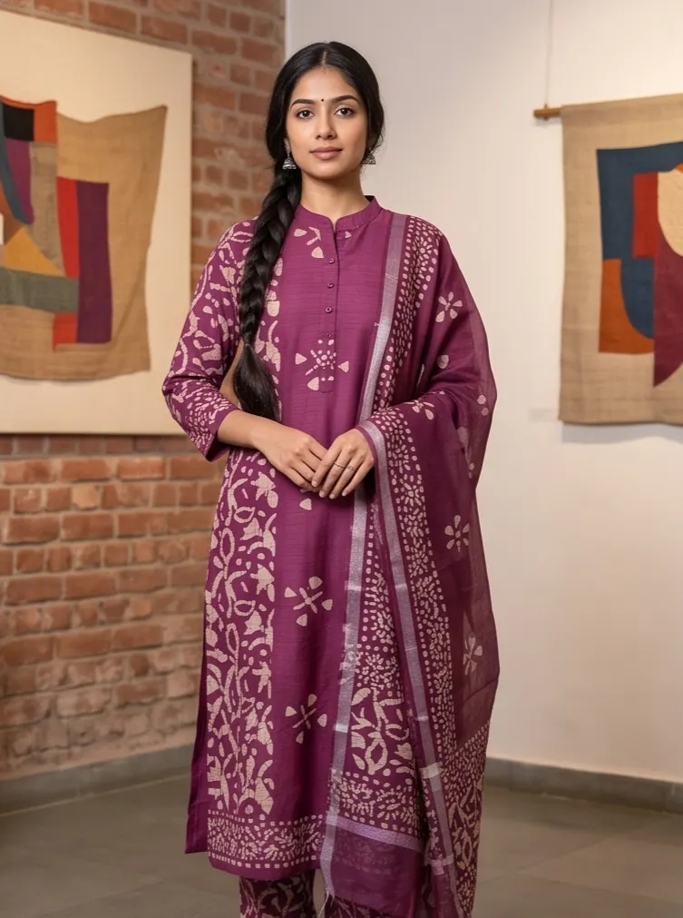 Plum Purple Batik Print Pure Cotton Straight Kurta Pant Set with Dupatta