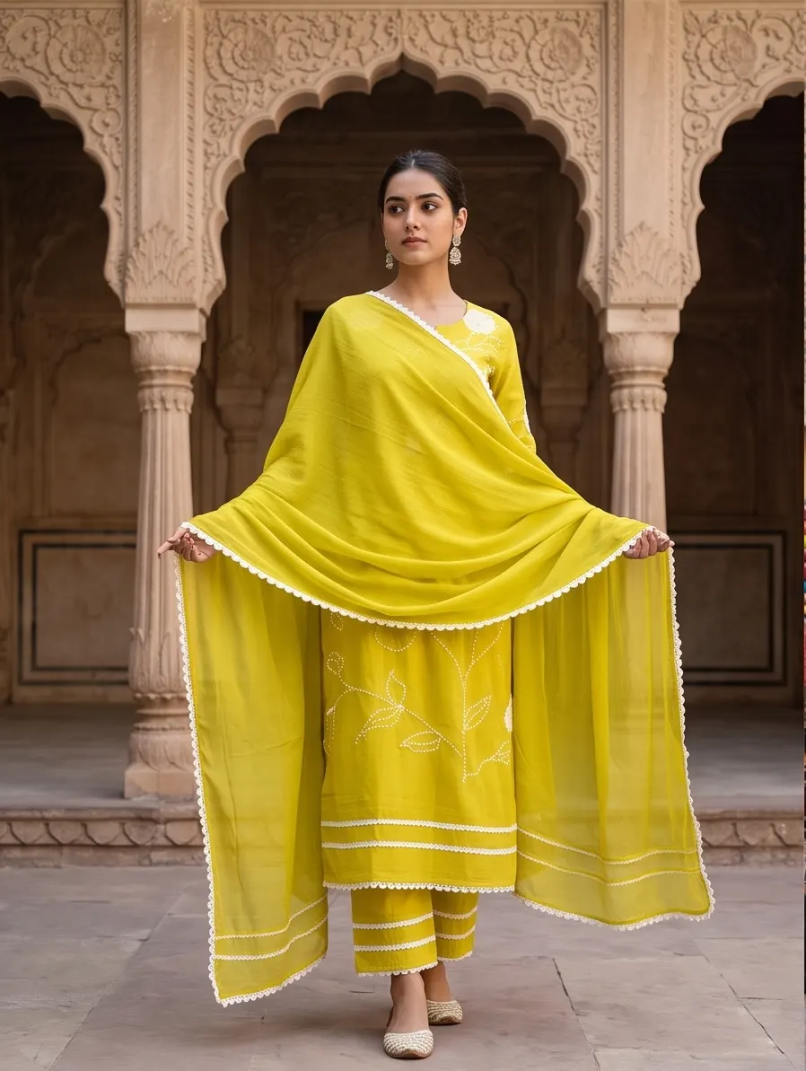 Yellow Floral Embroidered Pure Cotton Straight Kurta Pant Set with Lace Border Dupatta